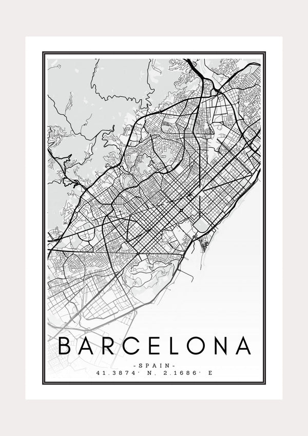 Barcelona Black & White Map - Wall Art Print
