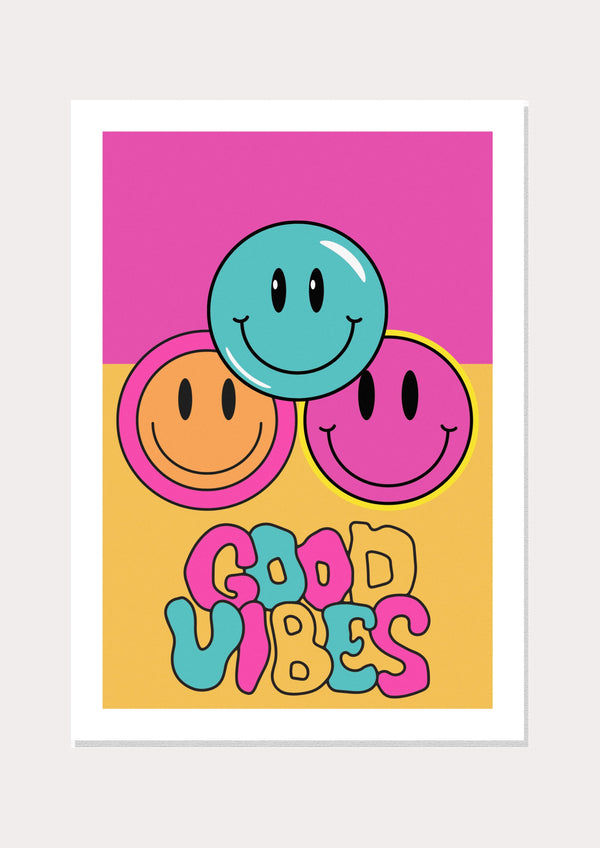 Shadowed Vibrant "Good Vibes" poster by Nusk with emojis in blue, pink, and orange – modern, quirky wall art for your homes