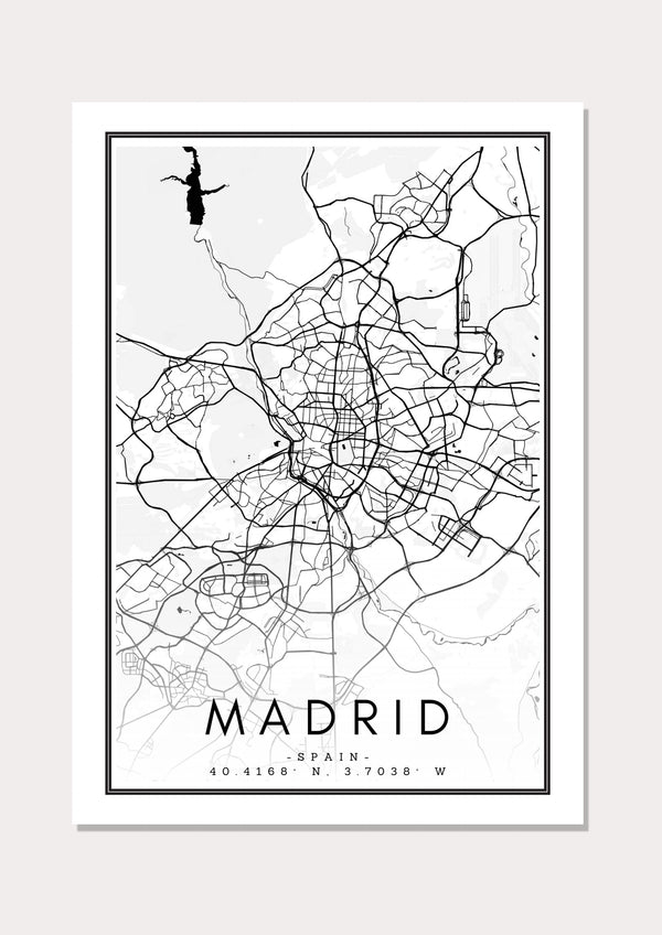 Madrid Black & White Map - Wall Art Print