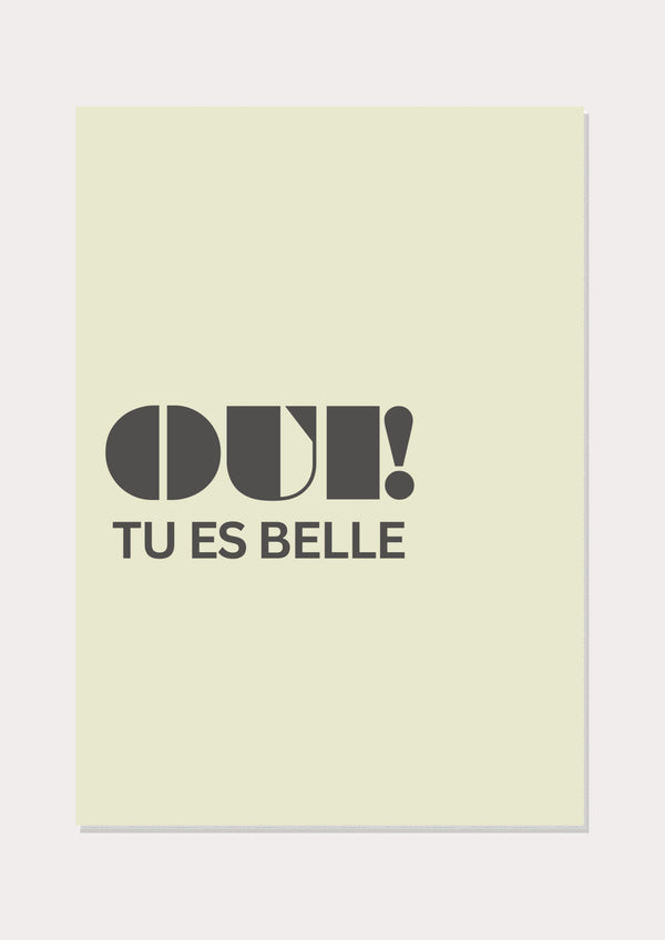 Shadowed Chic "Oui Tu Es Belle" poster by Nusk - black lettering on pale background, modern art for your home.