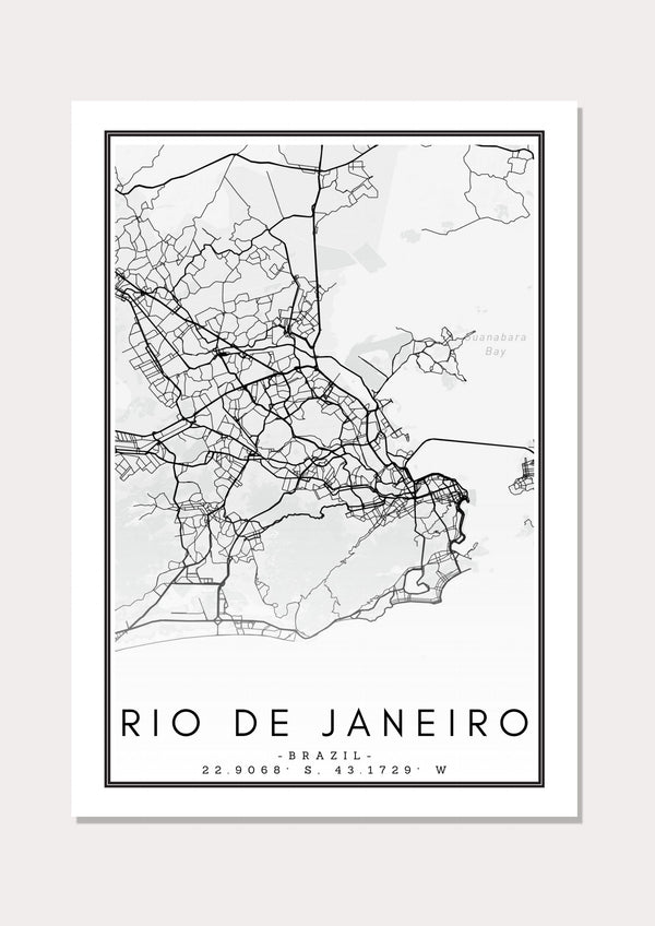 Rio De Janeiro Black & White Map - Wall Art Print