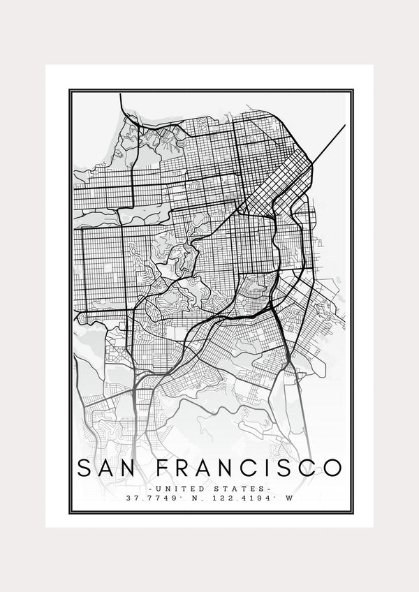 San Francisco Black & White Map - Wall Art Print