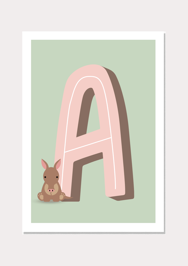An art print titled 'A for Aardvark' by nüsk, featuring a playful and colorful depiction of an aardvark, with a shadowed effect, designed as a kids' print.
